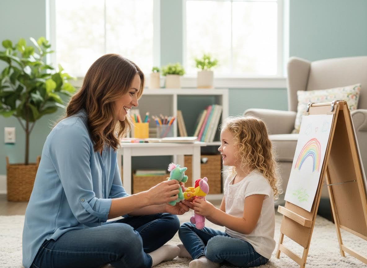 Mother and daughter playing with toys