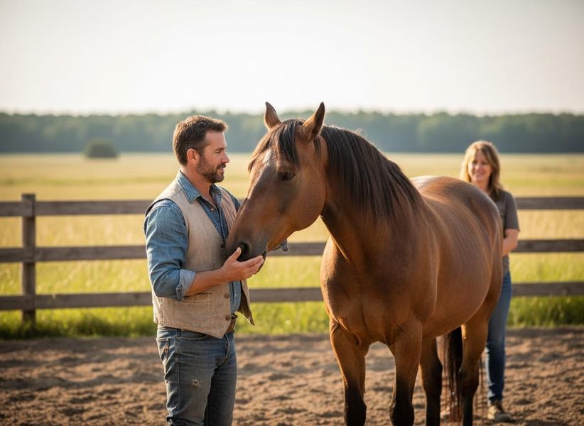 Man affectionately petting a brown horse in a paddock