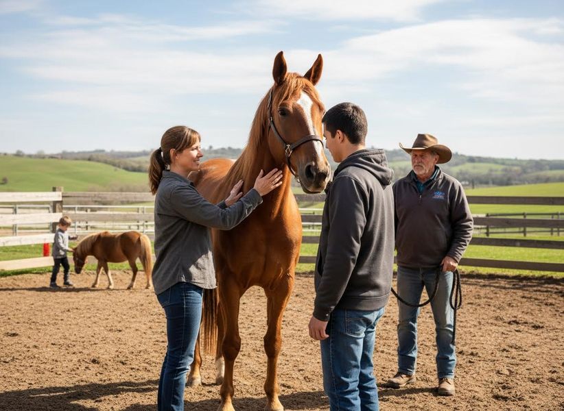 People interacting with horses at an outdoor ranch