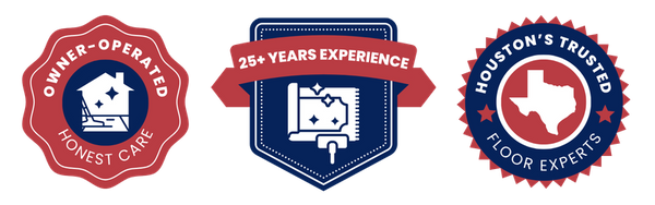 Three trust badges for Honest Touch Carpet Care highlighting Owner-Operated Honest Care, 25+ Years Experience, and Houston's Trusted Floor Experts
