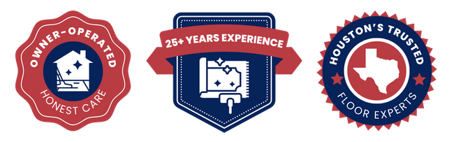 Three trust badges for Honest Touch Carpet Care highlighting Owner-Operated Honest Care, 25+ Years Experience, and Houston's Trusted Floor Experts