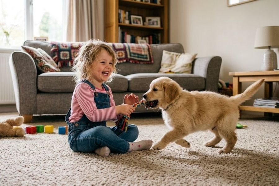 kid playing with a puppy on clean carpet 