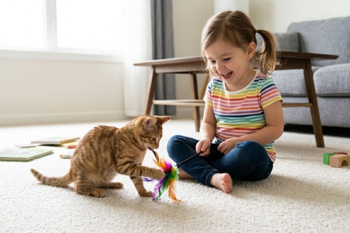 toddler playing with kitten on white carpet 