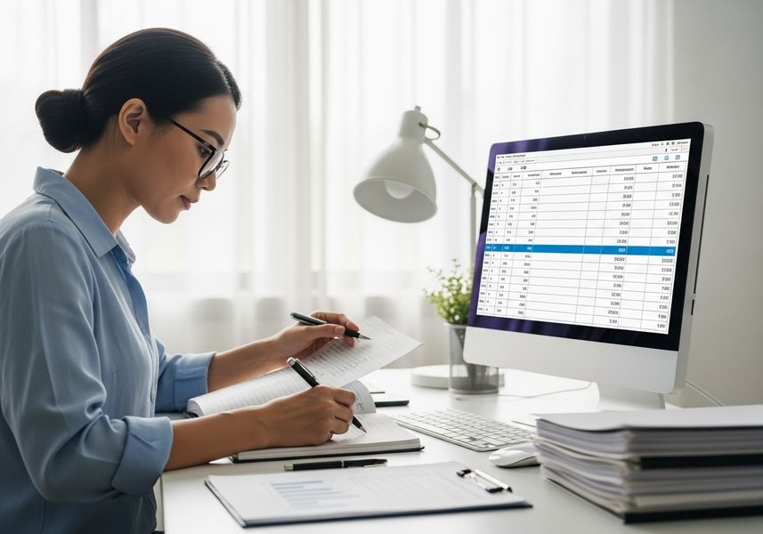 Woman working on bookkeeping tasks Woman working on bookkeeping tasks