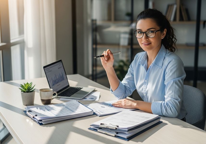 A businesswoman wearing glasses and a blue shirt sitting at a desk with a laptop, paperwork, pen, and coffee cup, smiling at the camera. Businesswoman at Work