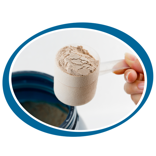 Close up of a scoop of protein powder