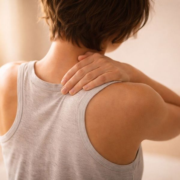 woman holding hand on upper back and neck region 