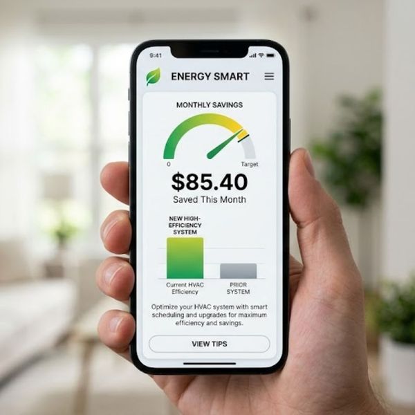 Smartphone showing energy savings related to hvac company efficiency.