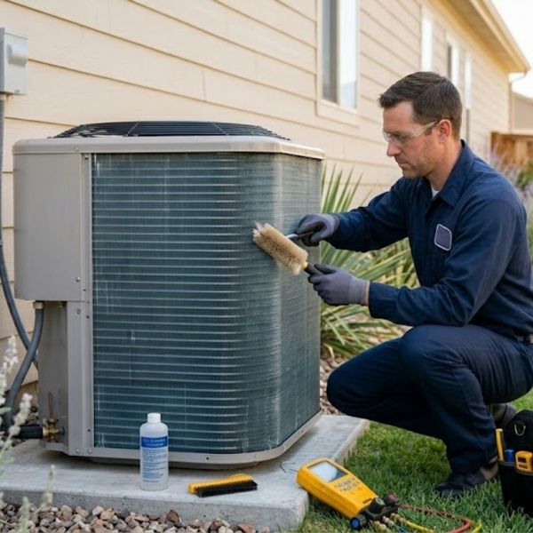 Tech is maintaining an HVAC unit outside of a home