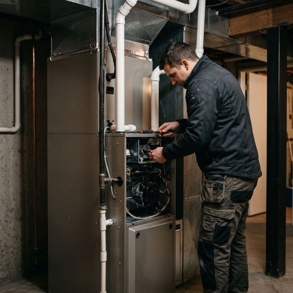 An HVAC technician is pictured installing or repairing an indoor furnace in a home basement.