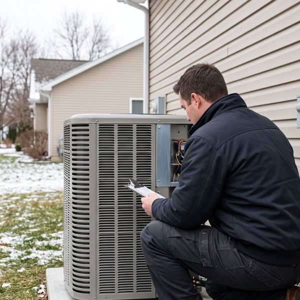 An HVAC technician inspects an outdoor heat pump during a winter service visit to a residential home.