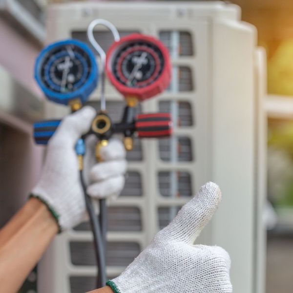 Tech giving thumbs up with HVAC measurement tools