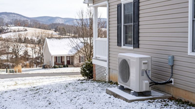 A house in the snowy Shenandoah Valley features an outdoor heat pump installed on a concrete pad near its siding. A house in the snowy Shenandoah Valley features an outdoor heat pump installed on a concrete pad near its siding.