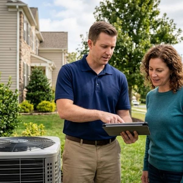 Tech and homeowner looking at AC options