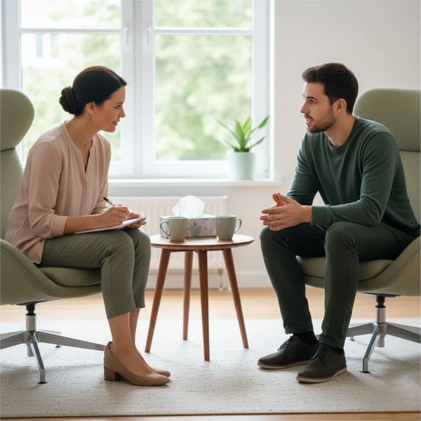 man speaking in therapy with a woman