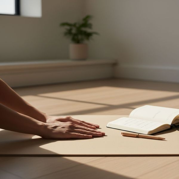 hands on yoga mat with journal