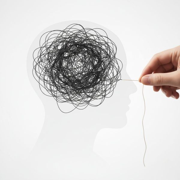 hand unraveling a thread from a knot overlaid a silhouette of a face