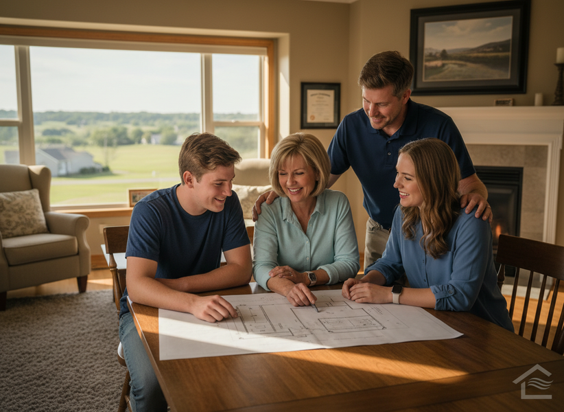 A smiling family of four, including two adults and two young adults, gathers around a table to discuss house plans and blueprints. Happy family reviewing home blueprints at a table