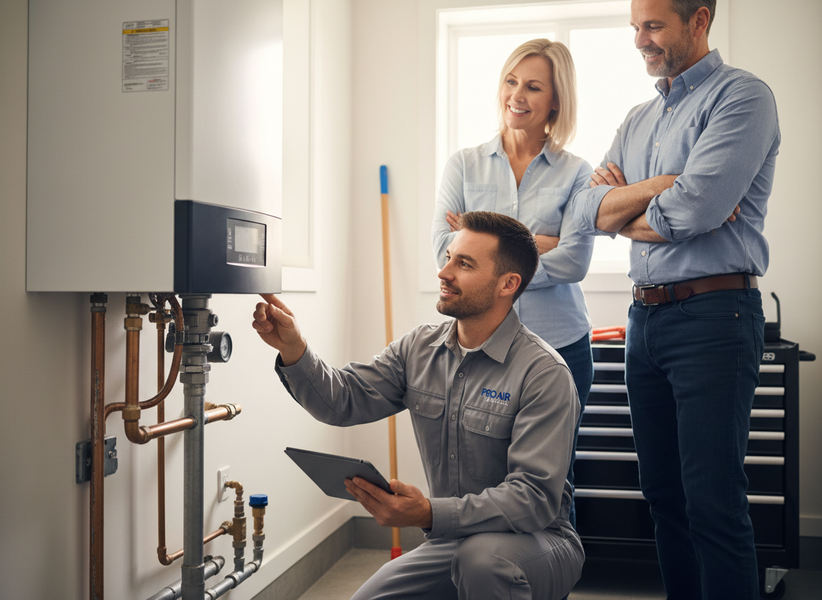 HVAC Technician Explaining Heating System to Homeowners