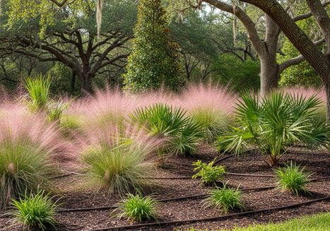 Lush Garden with Pink Muhly Grass and Palm Trees