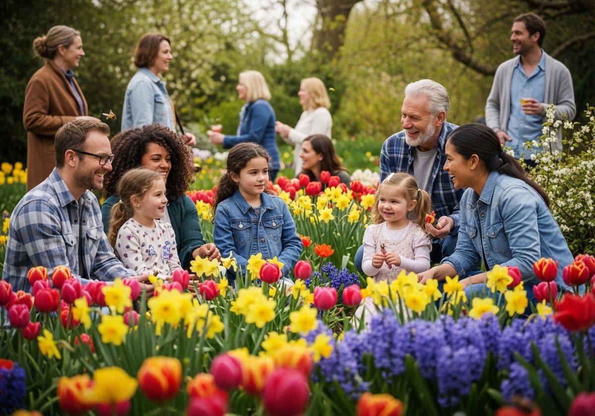 People Gather in a Tulip Field