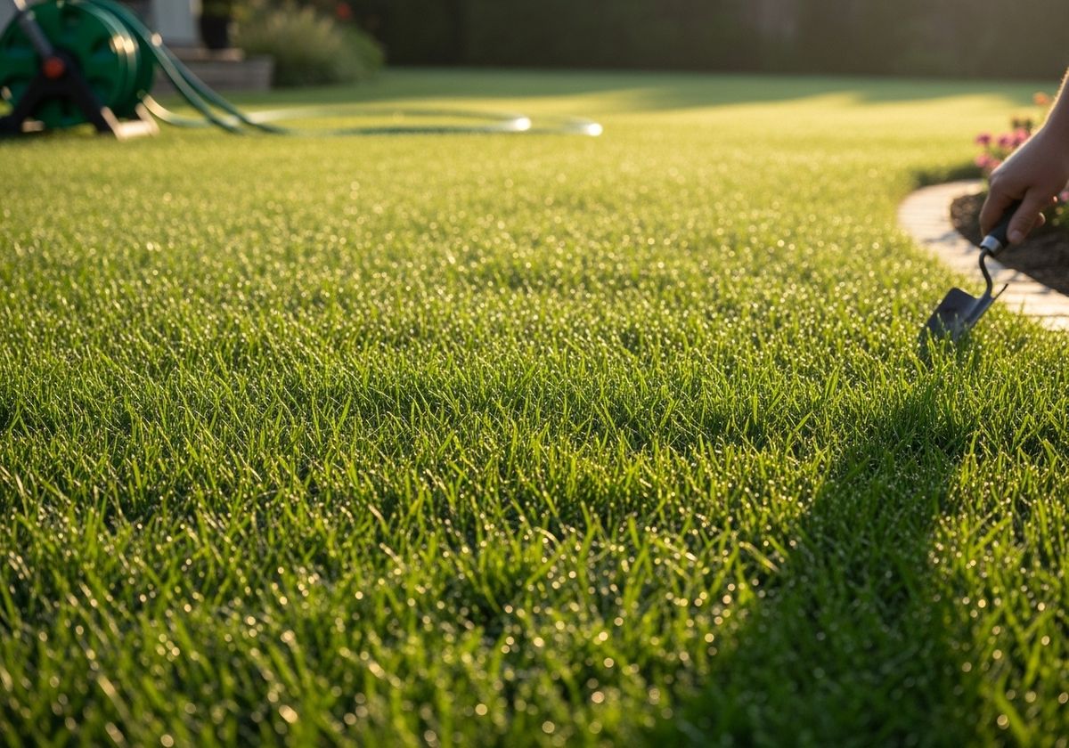 Sparkling green lawn with morning dew