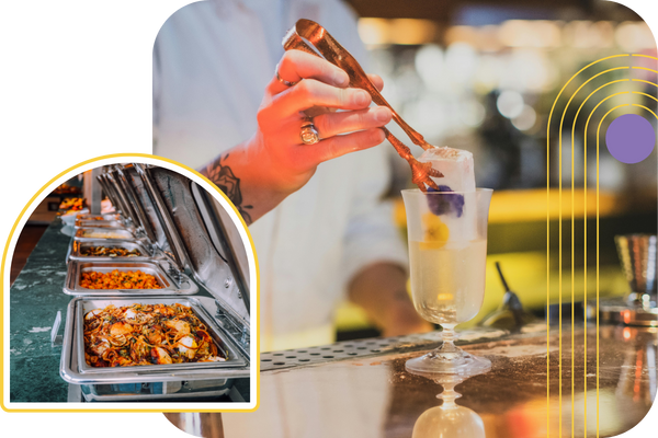 bartender placing an ice cube in a drink and a row of catering containers with hot food