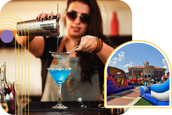 bartender pouring a drink and a bouncy castle