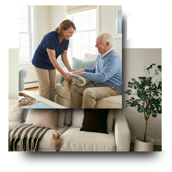Caregiver handing a blanket to an elderly man