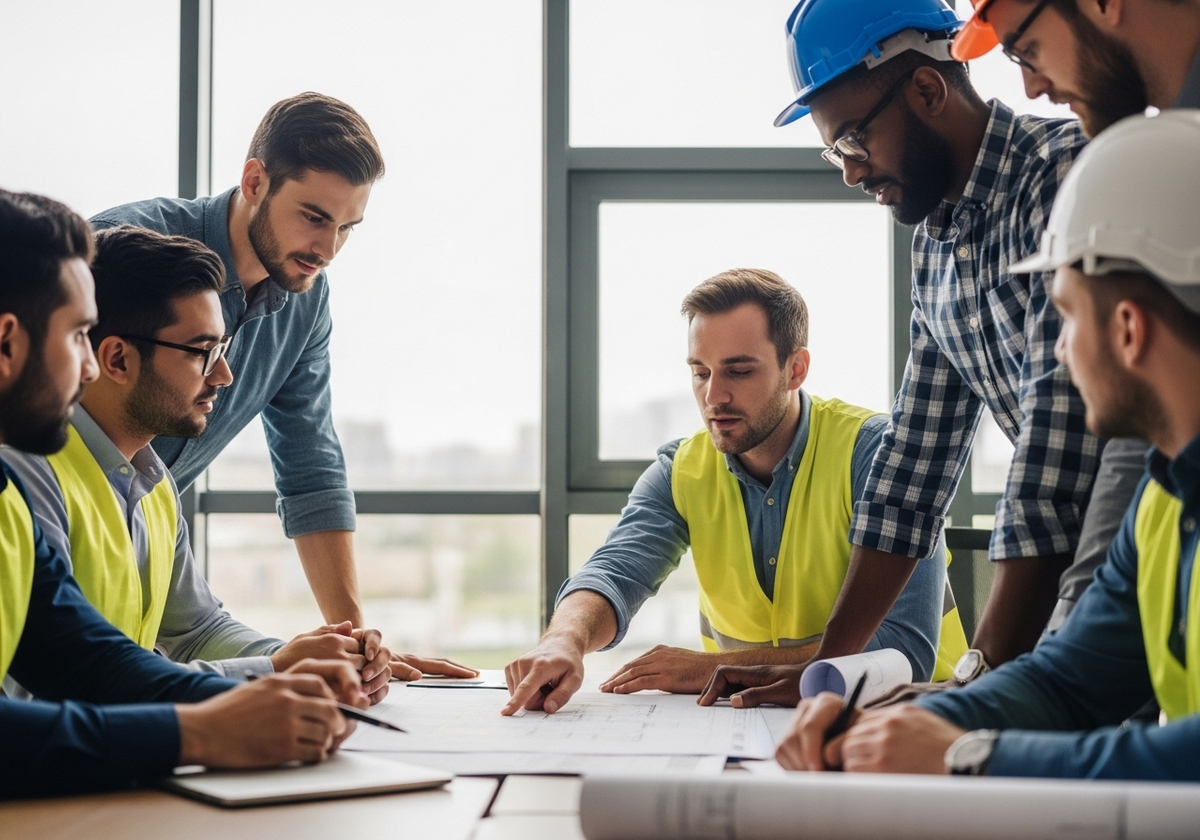 Construction Team Reviewing Blueprints