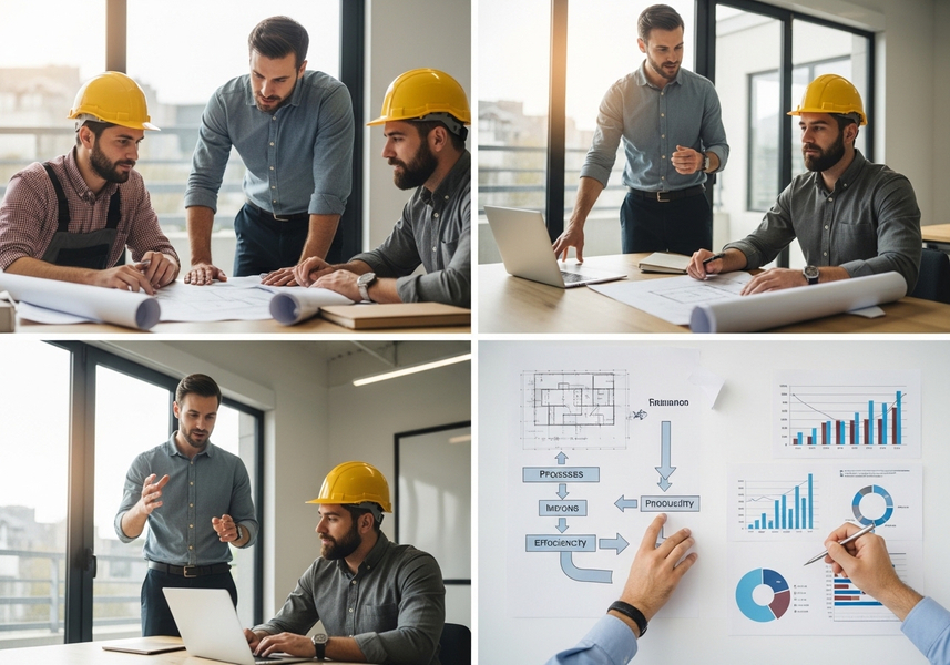 Construction Team Reviewing Blueprints and Performance Charts