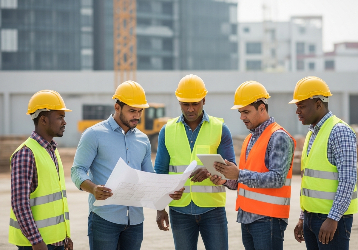 Construction Team Reviewing Plans On Site