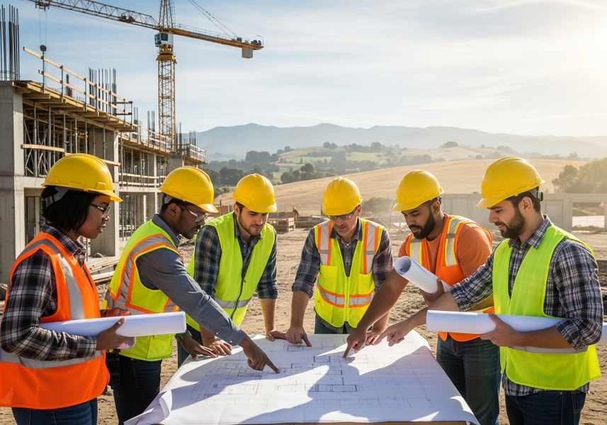 Construction Team Reviewing Blueprints at Site