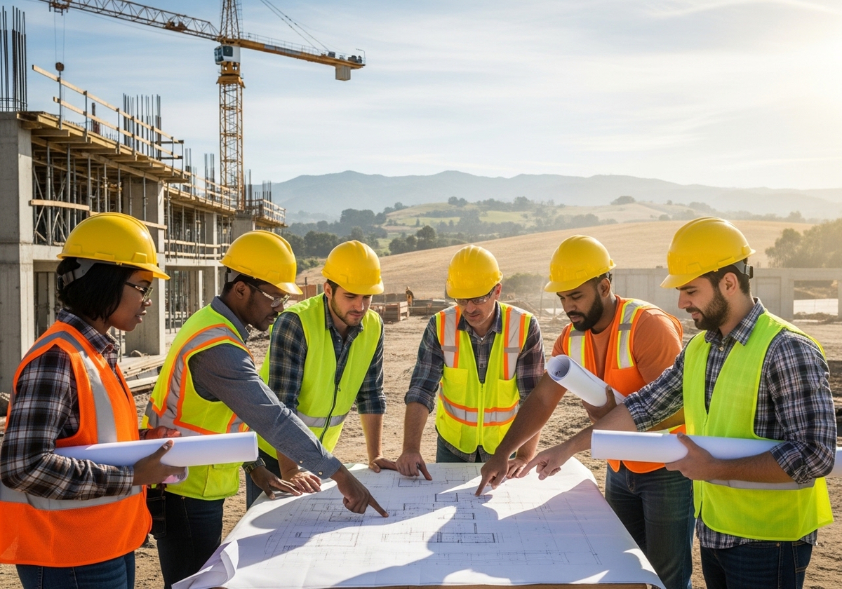 Construction Team Reviewing Blueprints at Site
