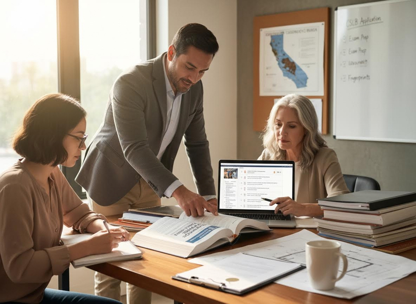 A diverse team reviews a book and laptop, discussing a project in an office with a California map on the wall. Business team collaborating on a project in an office