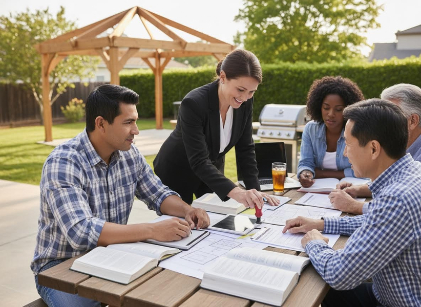 A diverse group of five people reviews documents and signs papers around an outdoor table in a backyard setting. Professional Woman Stamping Document at Outdoor Meeting