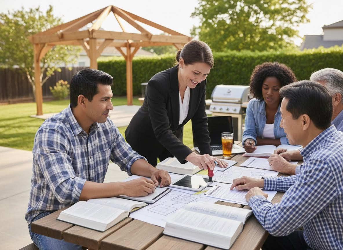 Professional Woman Stamping Document at Outdoor Meeting