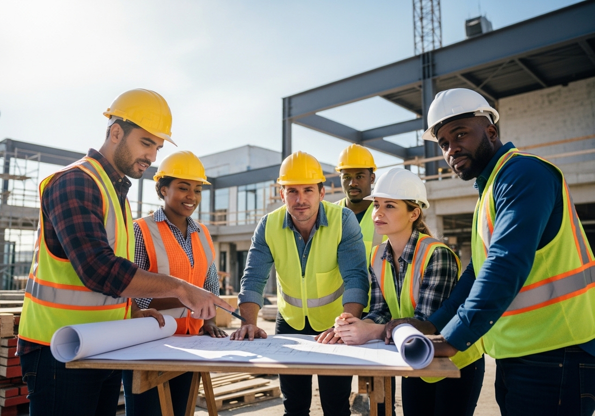 Diverse construction team reviewing blueprints on site