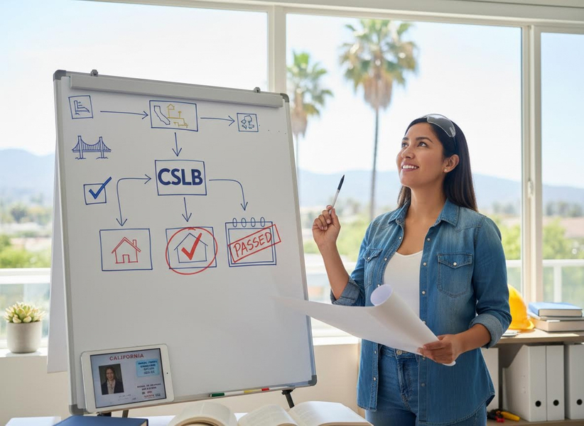 Smiling architect with safety glasses presents a CSLB certification flowchart on a whiteboard, holding blueprints and a marker. Woman Architect Presenting CSLB Process Flowchart