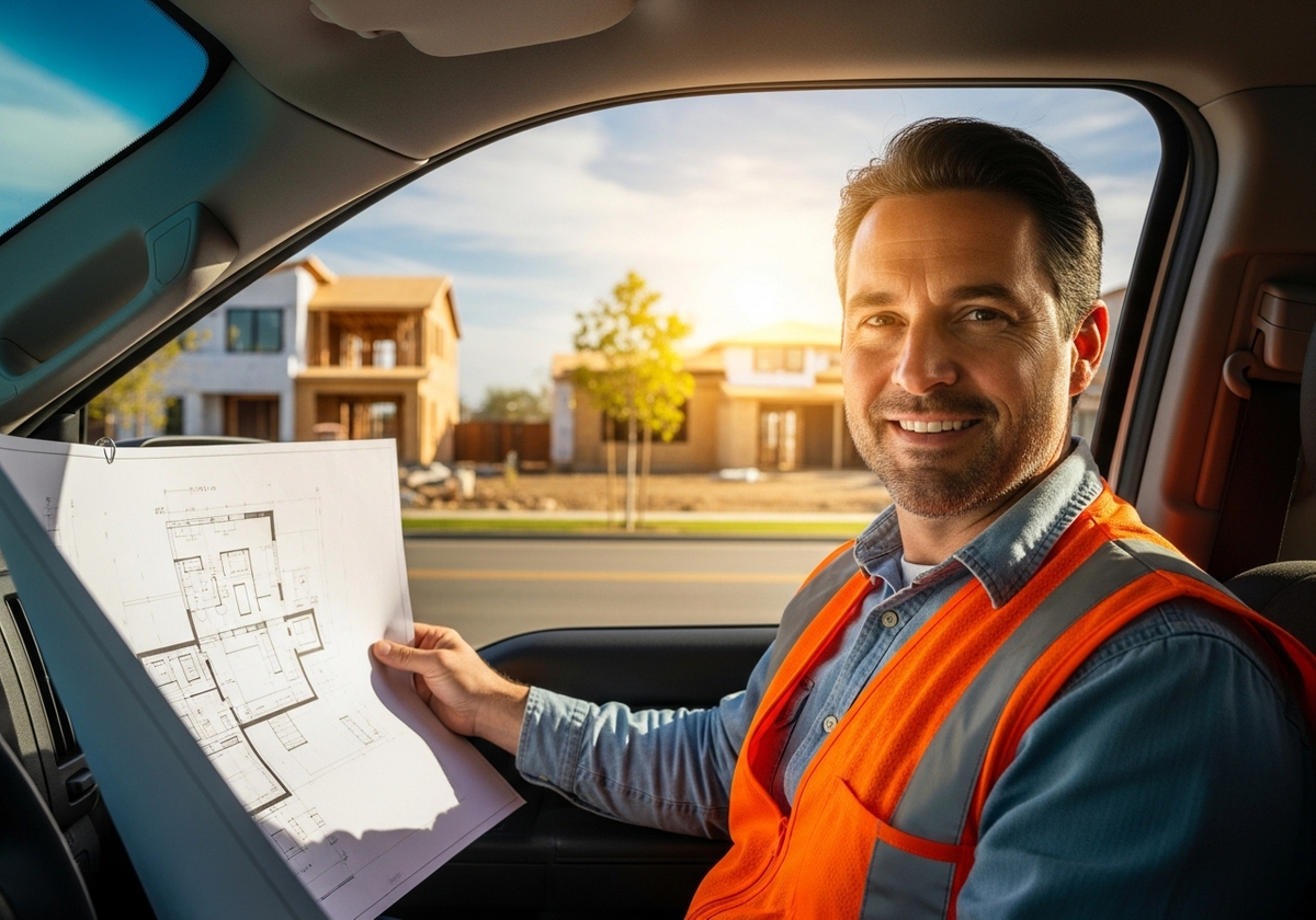 Man in safety vest reviewing blueprints in truck