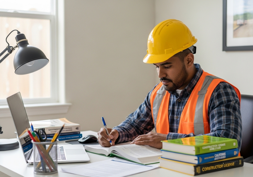 Construction Worker Studying at Desk