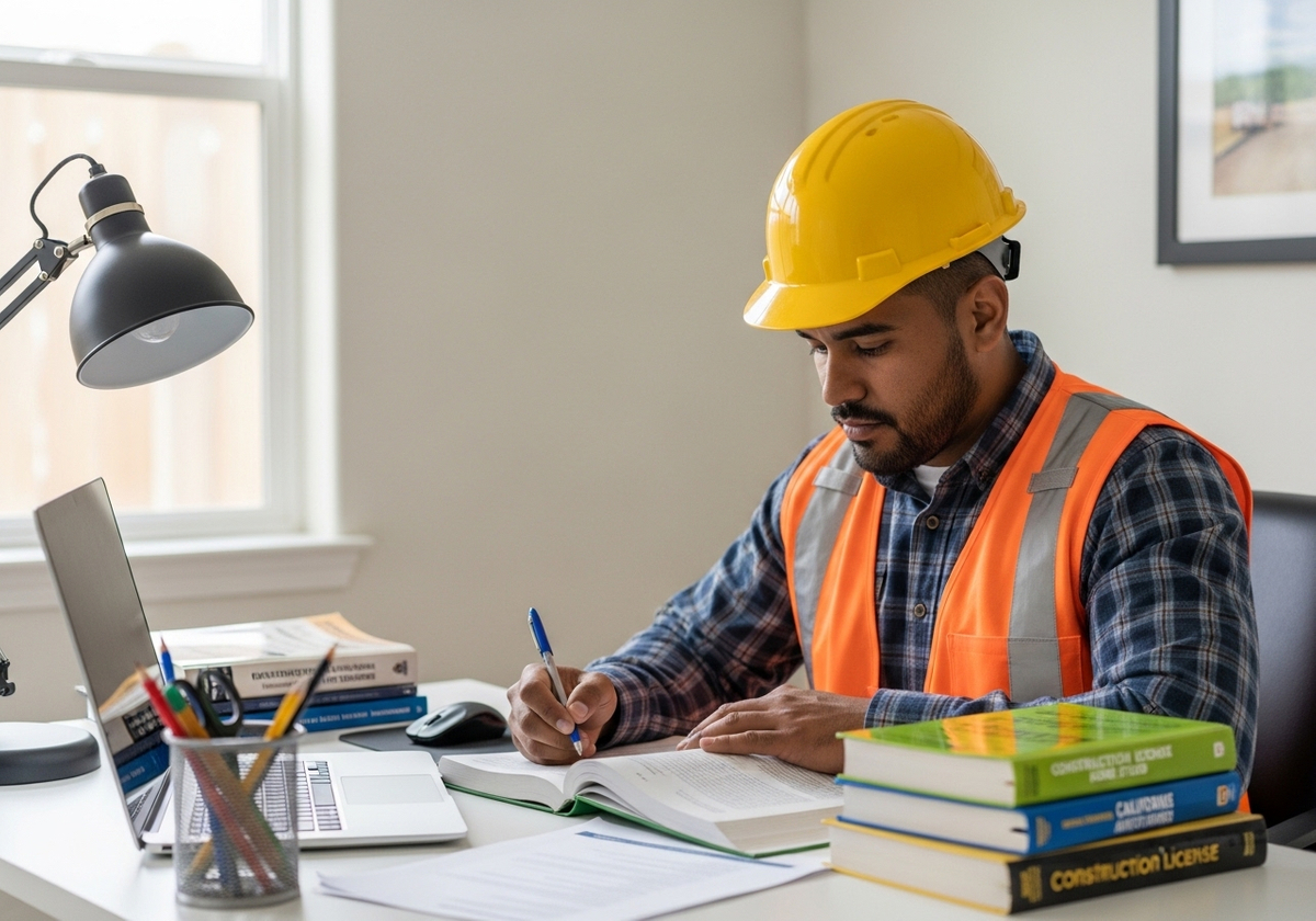 Construction Worker Studying at Desk
