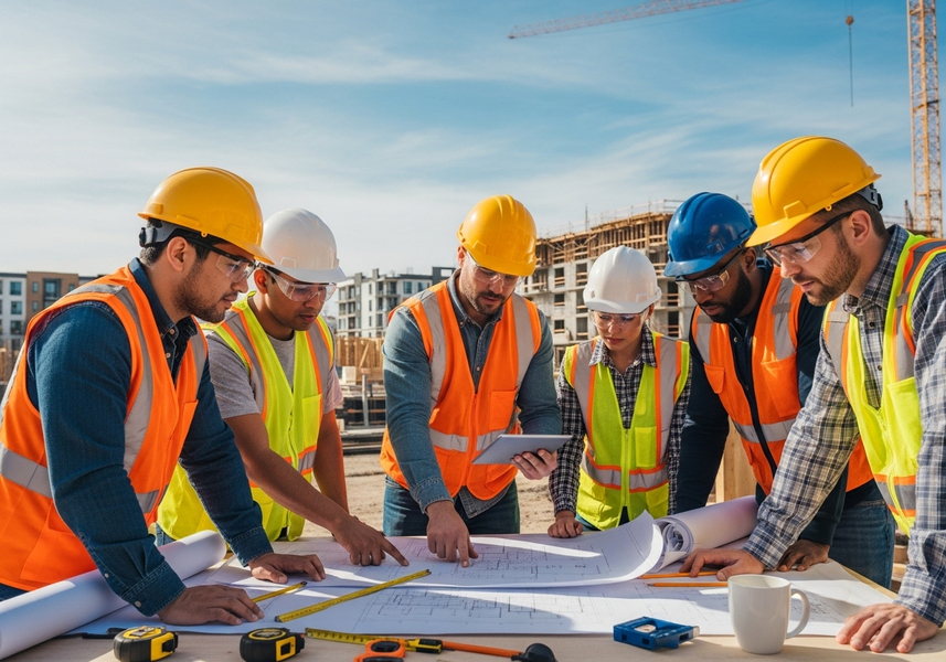 Construction Workers Reviewing Blueprints on Site