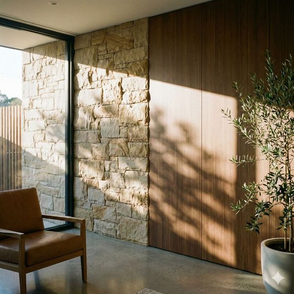 Interior detail shot highlighting natural light, textured stone, and wood materials defining a soulful custom home.