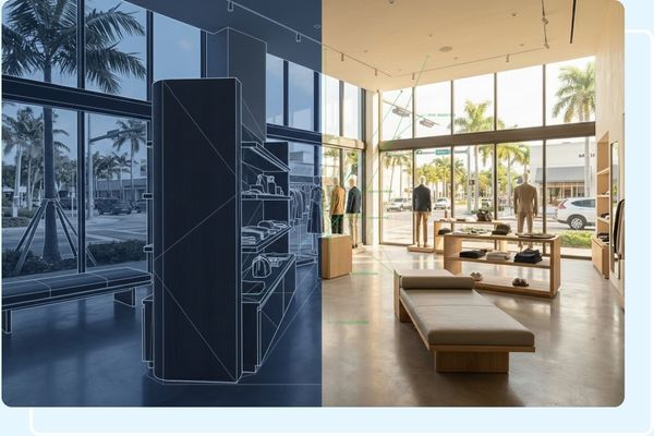 a split image of a retail space comparing design stage versus reality