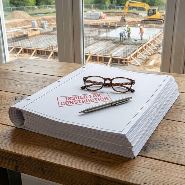 Finalized approved architectural blueprints on a desk symbolizing a clear, vetted construction roadmap.