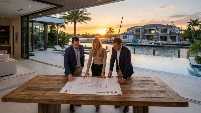 Architects reviewing plans for a custom Florida home by Y Architecture Studio with construction in the background.