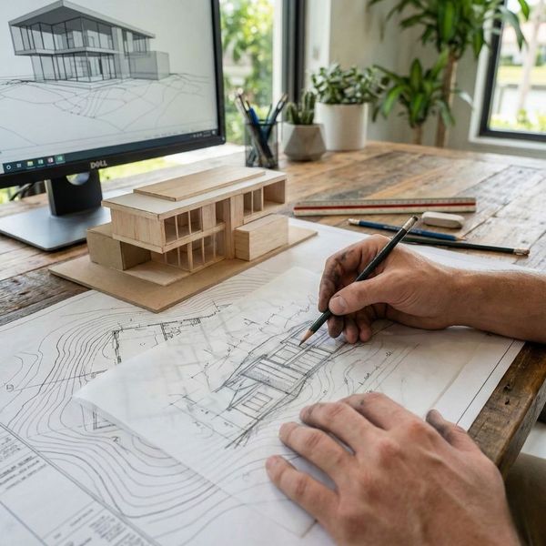 Close-up of architectural sketching, physical study models, and 3D modeling during the iterative design process.