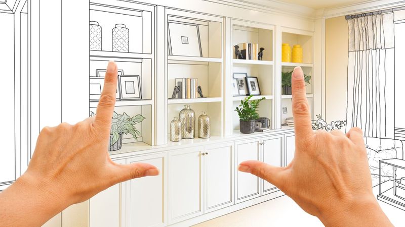 Person holding their fingers up against a drawing of a cabinet with vases and décor on them.