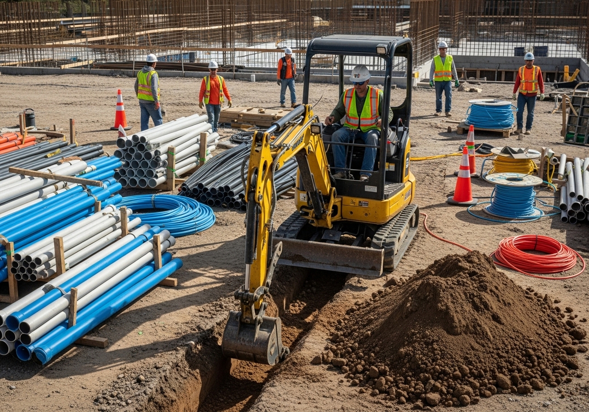 Construction Site Excavation with Workers and Equipment